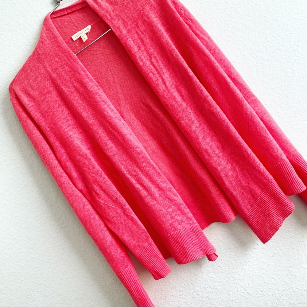 EILEEN FISHER 100% linen small knit light cardigan sweater cover up pink summer